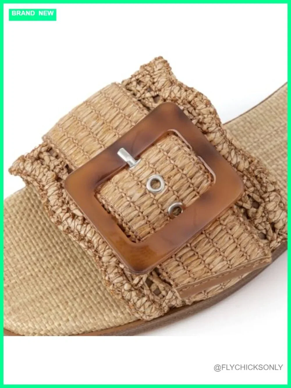 Woven Raffia Slide Sandals with Square Toe and Buckle